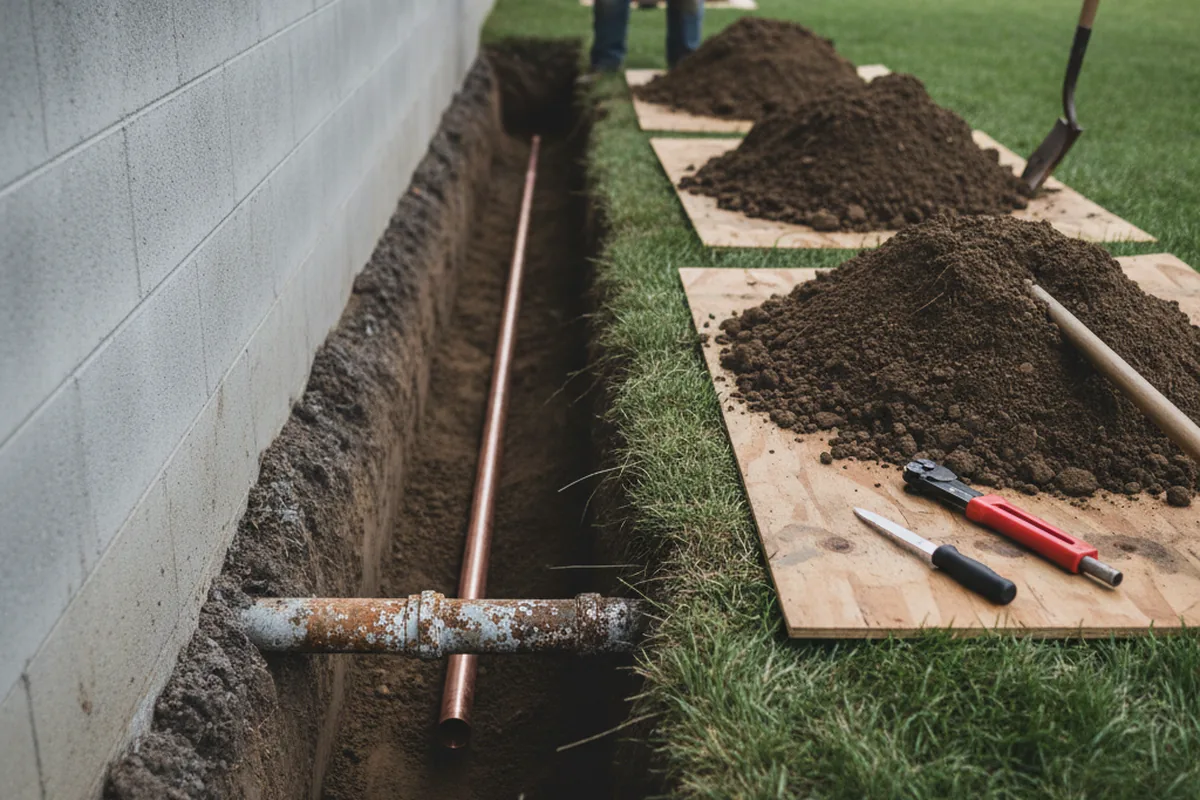 Excavated water line trench during Sewer Line Repair in Indianola